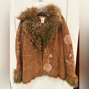 Vintage Y2K Leather Faux Fur Embroidered Together Penny Lane Coat Tag Size 14